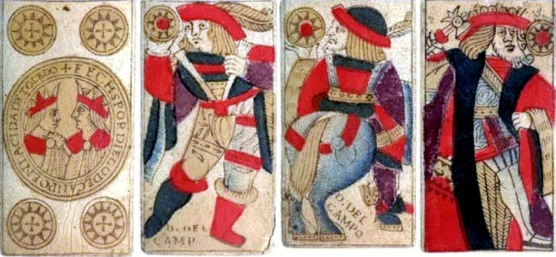 4 cards in the Franco-Spanish pattern by Diego del Campo, c.1550. © Museo de la Baraja de Madrid 4 cards in the Franco-Spanish pattern by Diego del Campo, c.1550. © Museo de la Baraja de Madrid