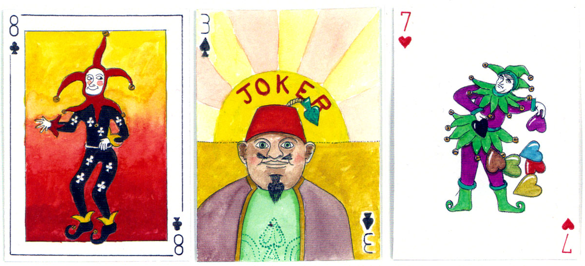 3 cards from Peter Wood’s “Jest Jokers” deck comprising 54 different Joker designs, made into a full pack of cards