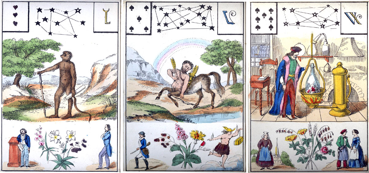 3 cards from a 55-card cartomancy deck printed by Gustave Arnoult, Paris, 1858.© The Trustees of the British Museum