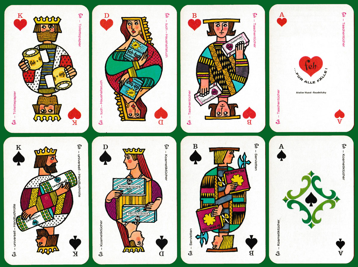 Feh Schnapskarten promotional playing cards designed by Studio Hussl-Raudnitzky, printed by Ferd. Piatnik & Söhne, Vienna, Austria, 1972