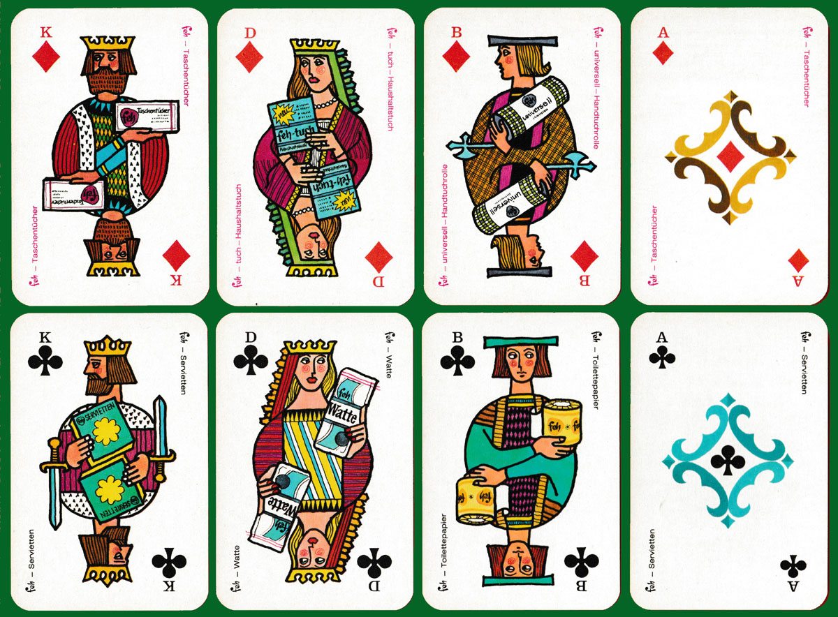 Feh Schnapskarten promotional playing cards designed by Studio Hussl-Raudnitzky, printed by Ferd. Piatnik & Söhne, Vienna, Austria, 1972