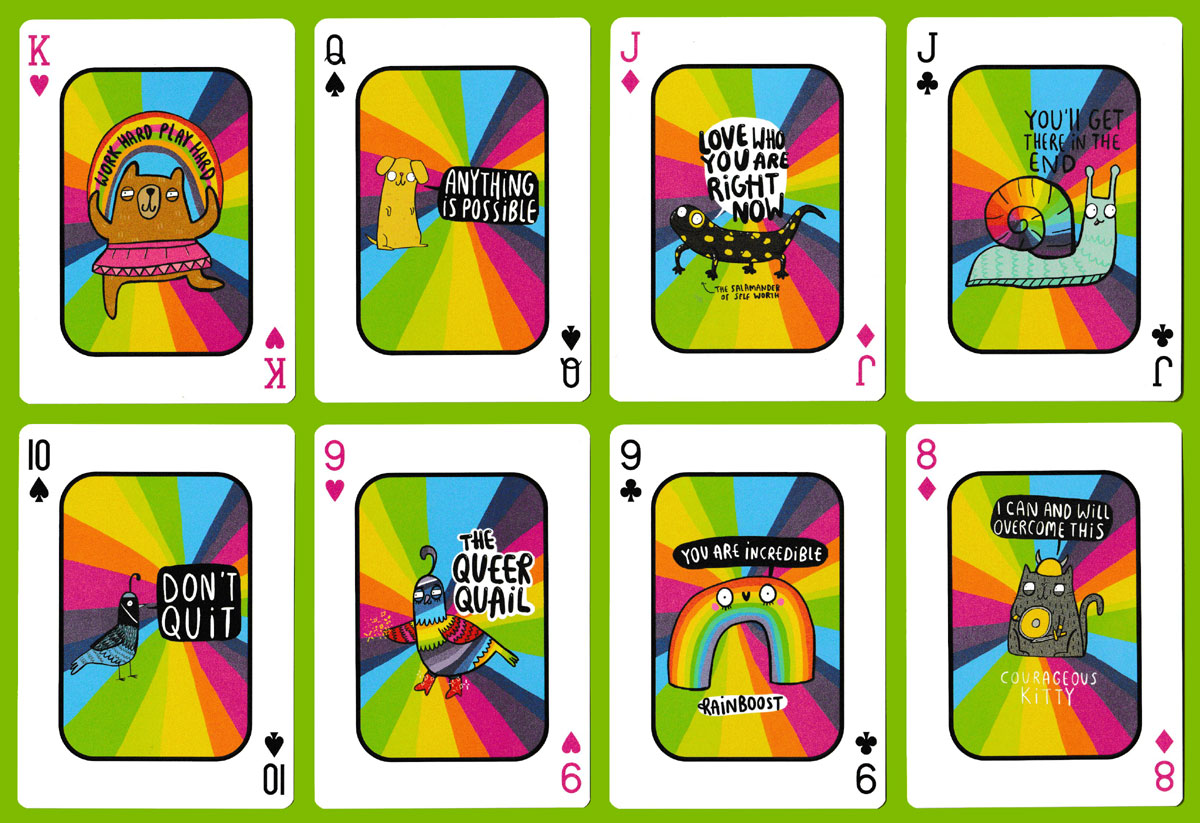 The Pack of Positivity playing cards designed by Katie Abey and printed by Piatnik, Vienna, Austria, for Gibsons Games, Sutton, UK, 2020