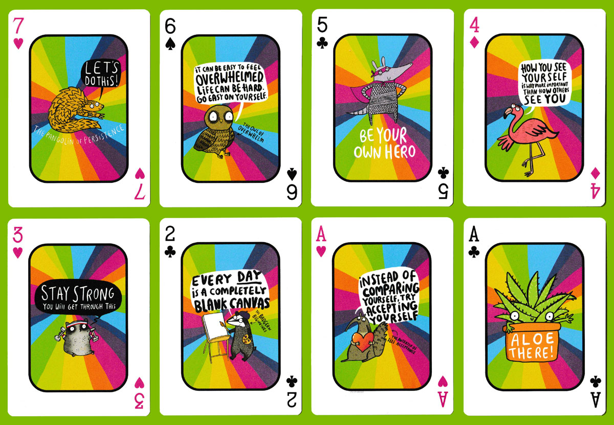 The Pack of Positivity playing cards designed by Katie Abey and printed by Piatnik, Vienna, Austria, for Gibsons Games, Sutton, UK, 2020