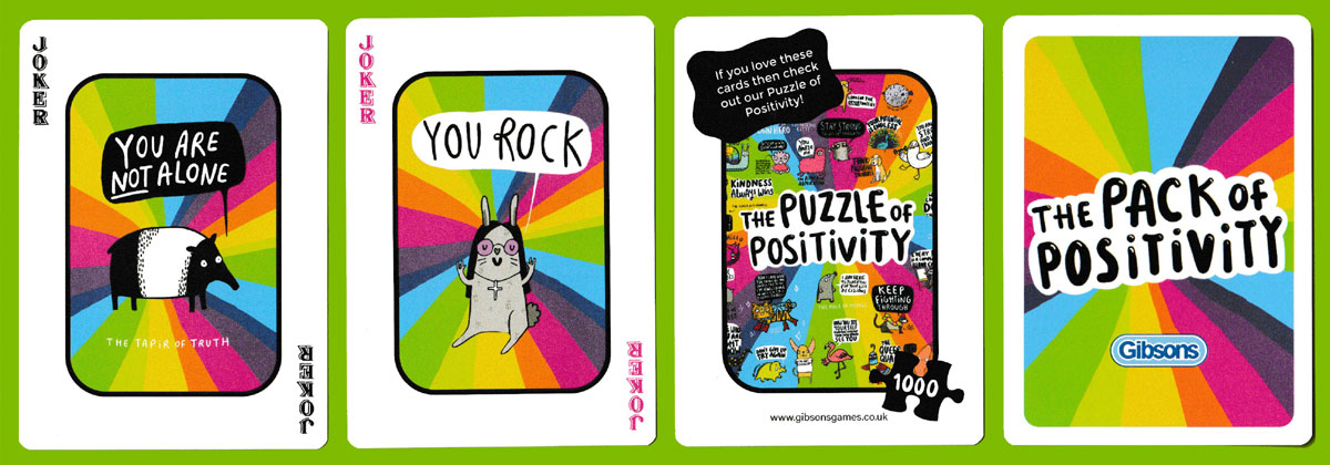 The Pack of Positivity playing cards designed by Katie Abey and printed by Piatnik, Vienna, Austria, for Gibsons Games, Sutton, UK, 2020