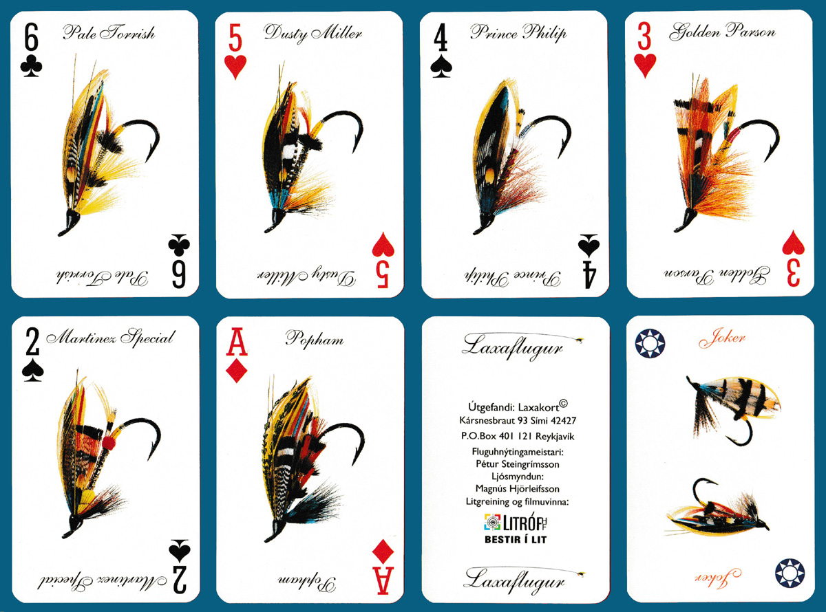 Salmon Flies playing cards published by Laxakort hf, Reykjavik, Iceland, c1996