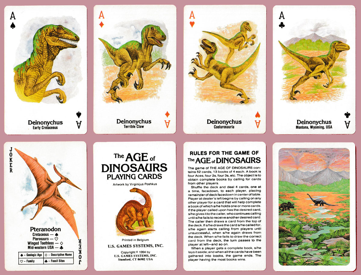 The Age of Dinosaurs playing cards with artwork by Virginijus Poshkus, published by U.S. Games Systems, USA, 1994