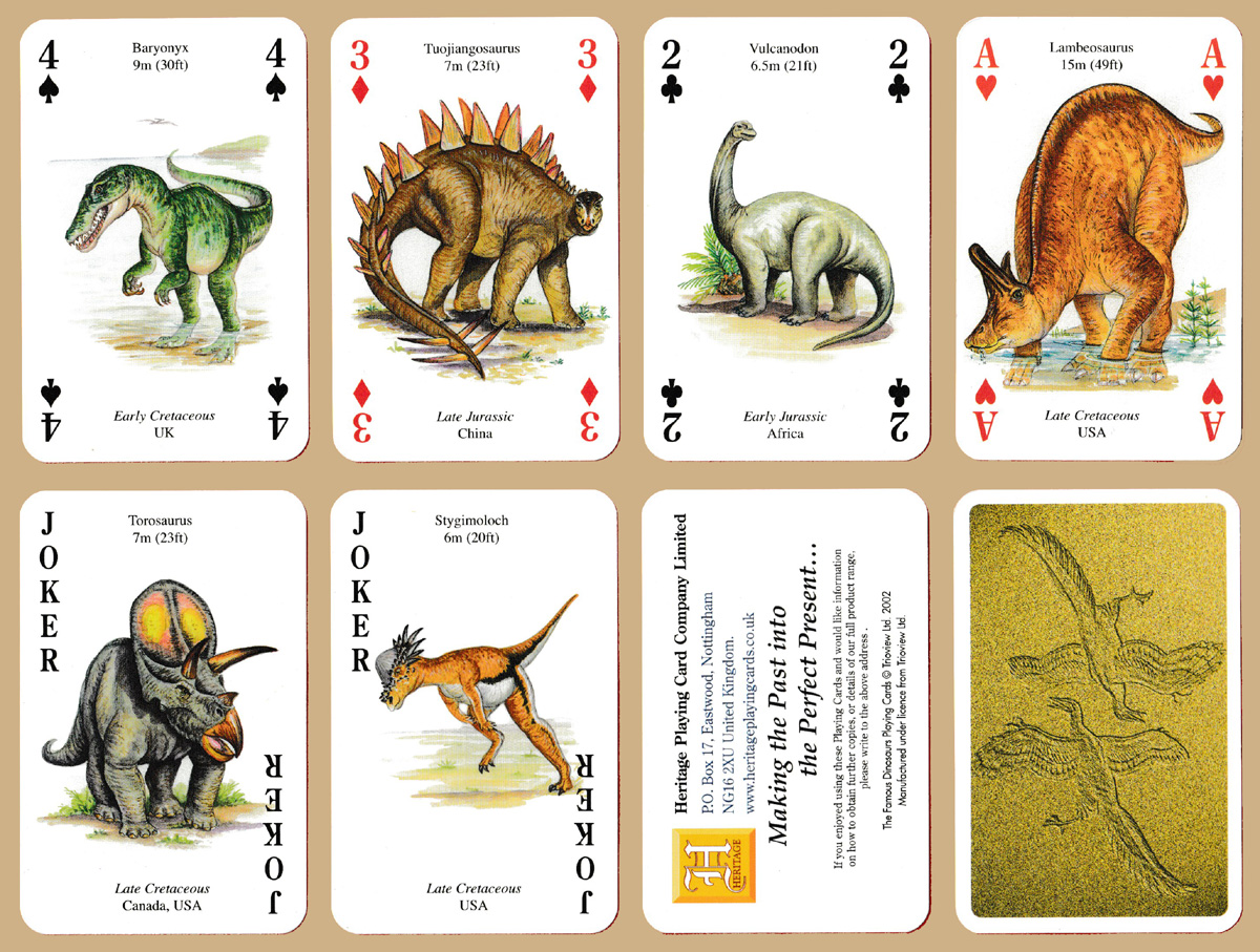 The Famous Dinosaurs Playing Cards printed by Carta Mundi, Turnhout, Belgium, for the Heritage Playing Card Company, Nottingham, UK, 2002