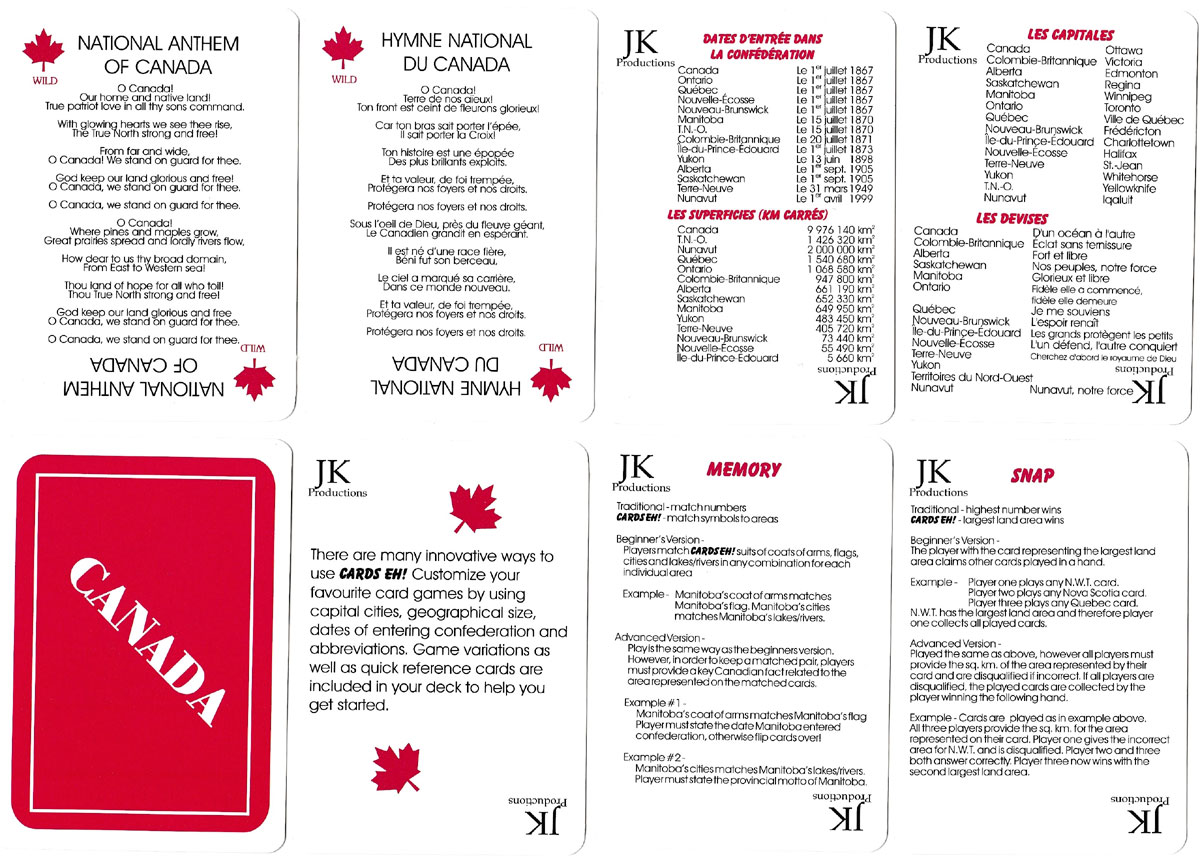 “Cards Eh!” playing cards with general information about Canada produced by JK Productions of Richmond, British Columbia in 2002