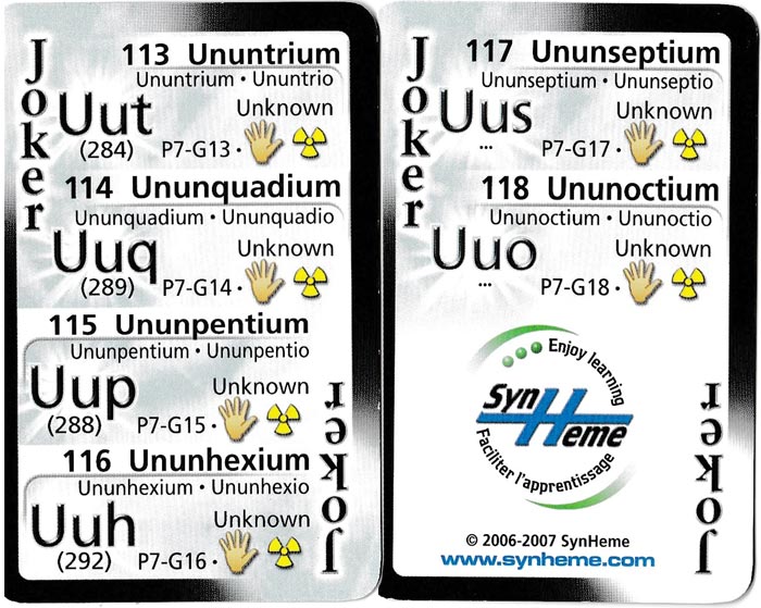 Periodic Table playing cards produced by Synheme Inc., Canada, c.2006-2007