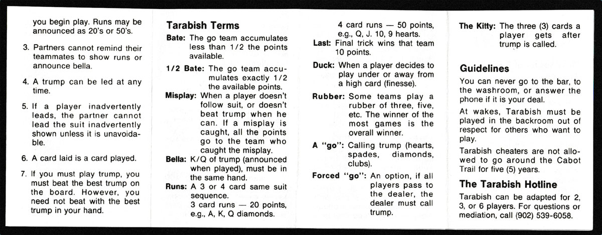 Tarabish playing cards developed and distributed by Ocean Promotion, Sydney, N.S., Canada, c1990