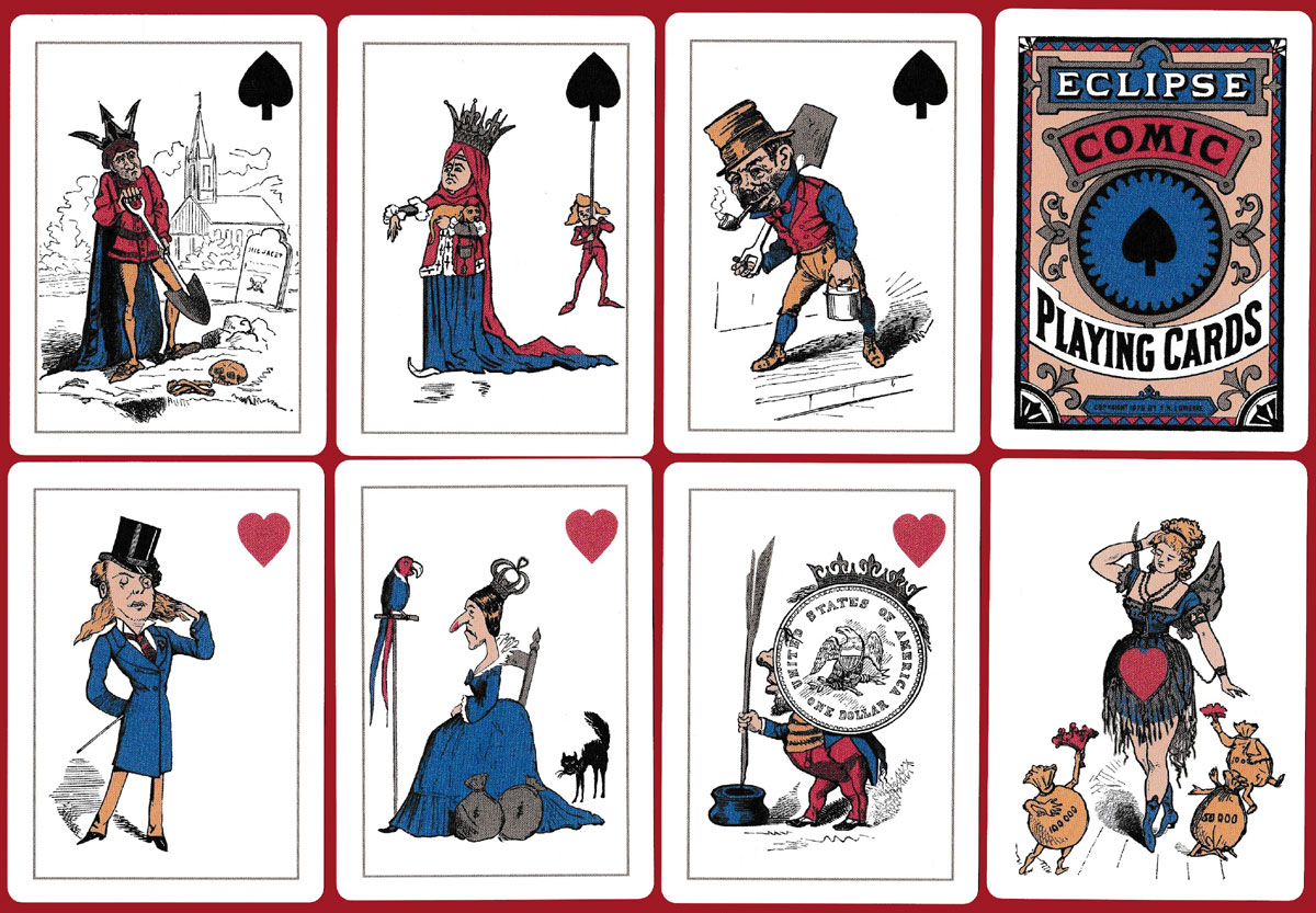 Eclipse Comic playing cards is a reproduction produced by Will Roya of the first transformation pack printed in the USA in 1876