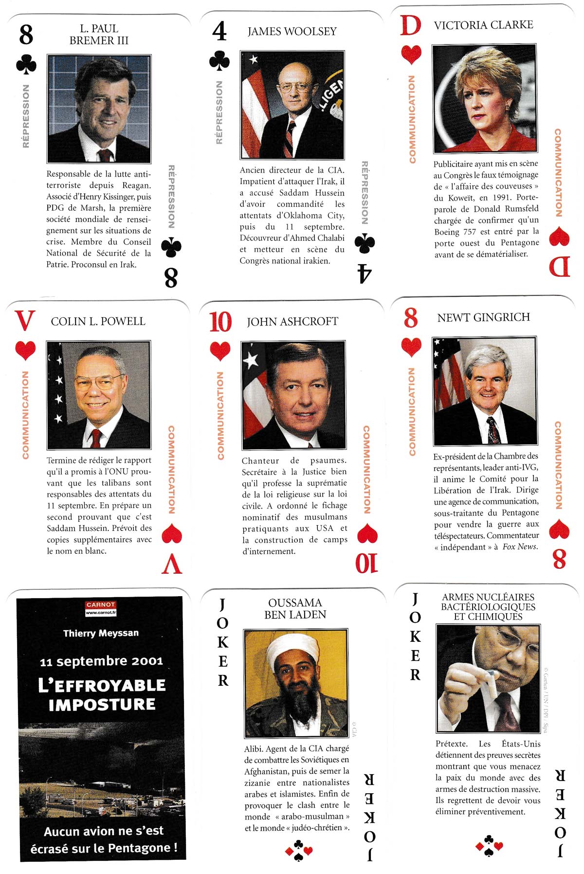 “Le Régime Bush” anti-war playing cards designed and published by Thierry Meyssan, France, 2003