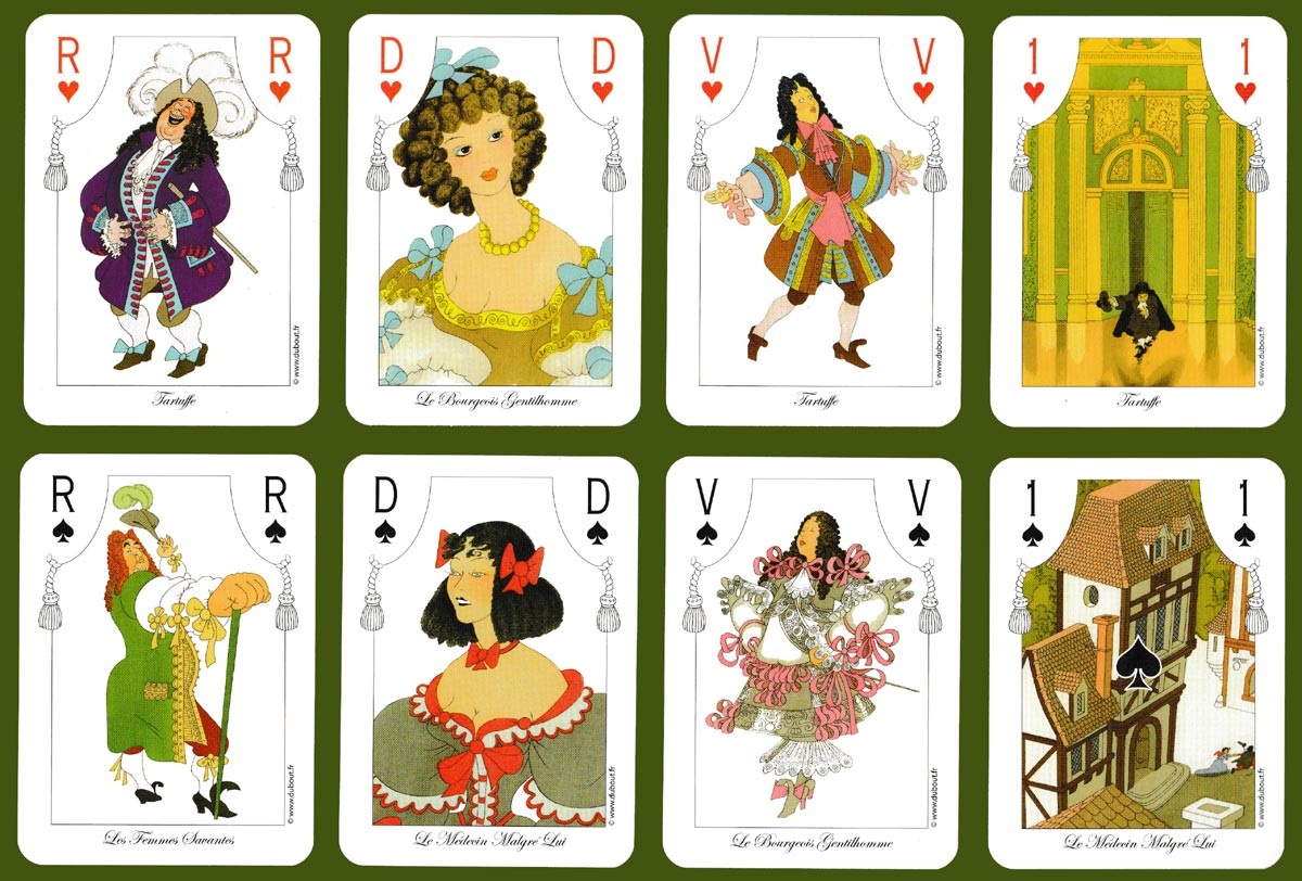 playing cards featuring characters and scenes from plays by Molière drawn by the cartoonist Albert Dubout, published by Editions Face&Dos, Paris, France, c.2006