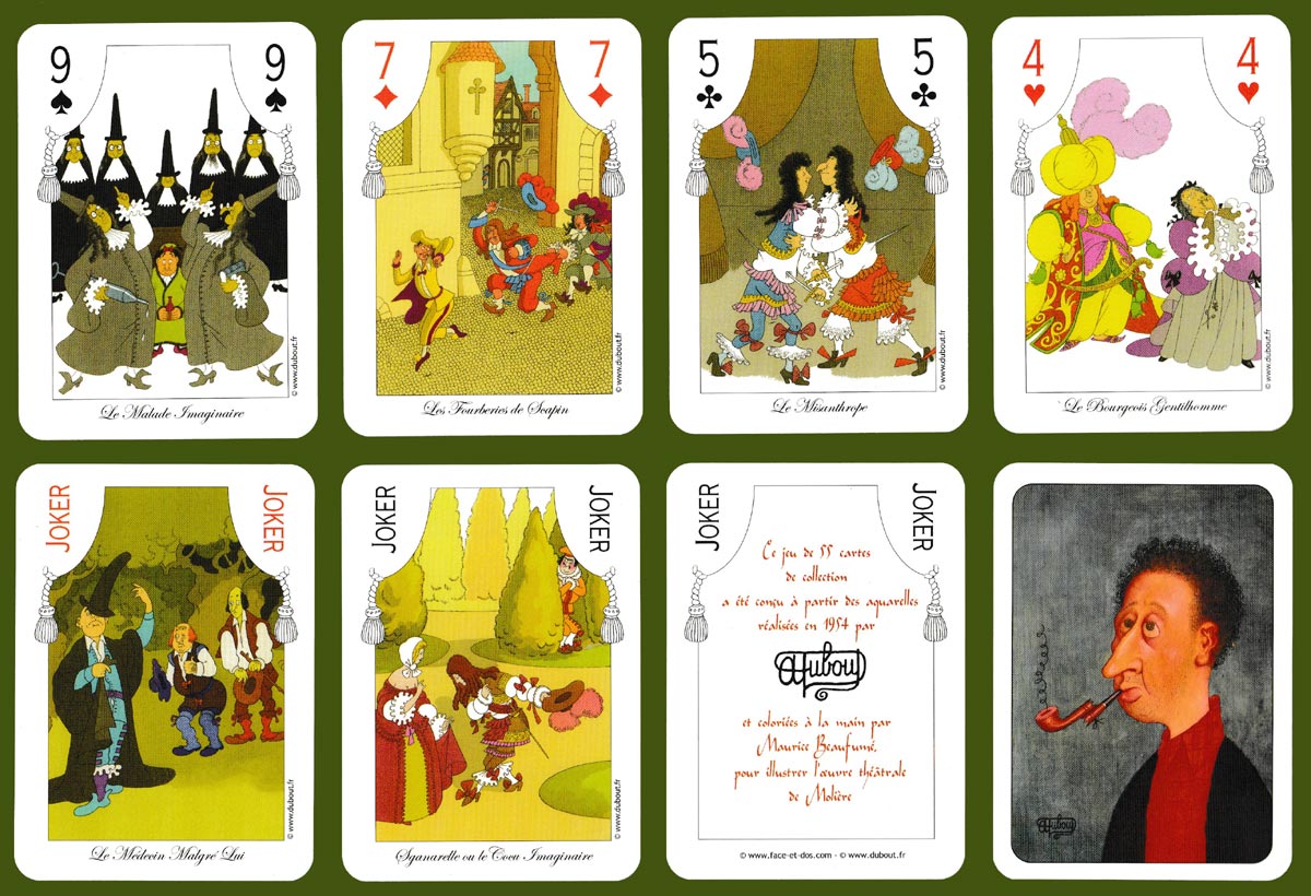 playing cards featuring characters and scenes from plays by Molière drawn by the cartoonist Albert Dubout, published by Editions Face&Dos, Paris, France, c.2006