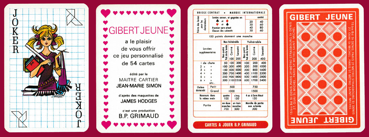 Gibert Jeune publicity playing cards designed by James Hodges, made by B.P. Grimaud, France, 1971