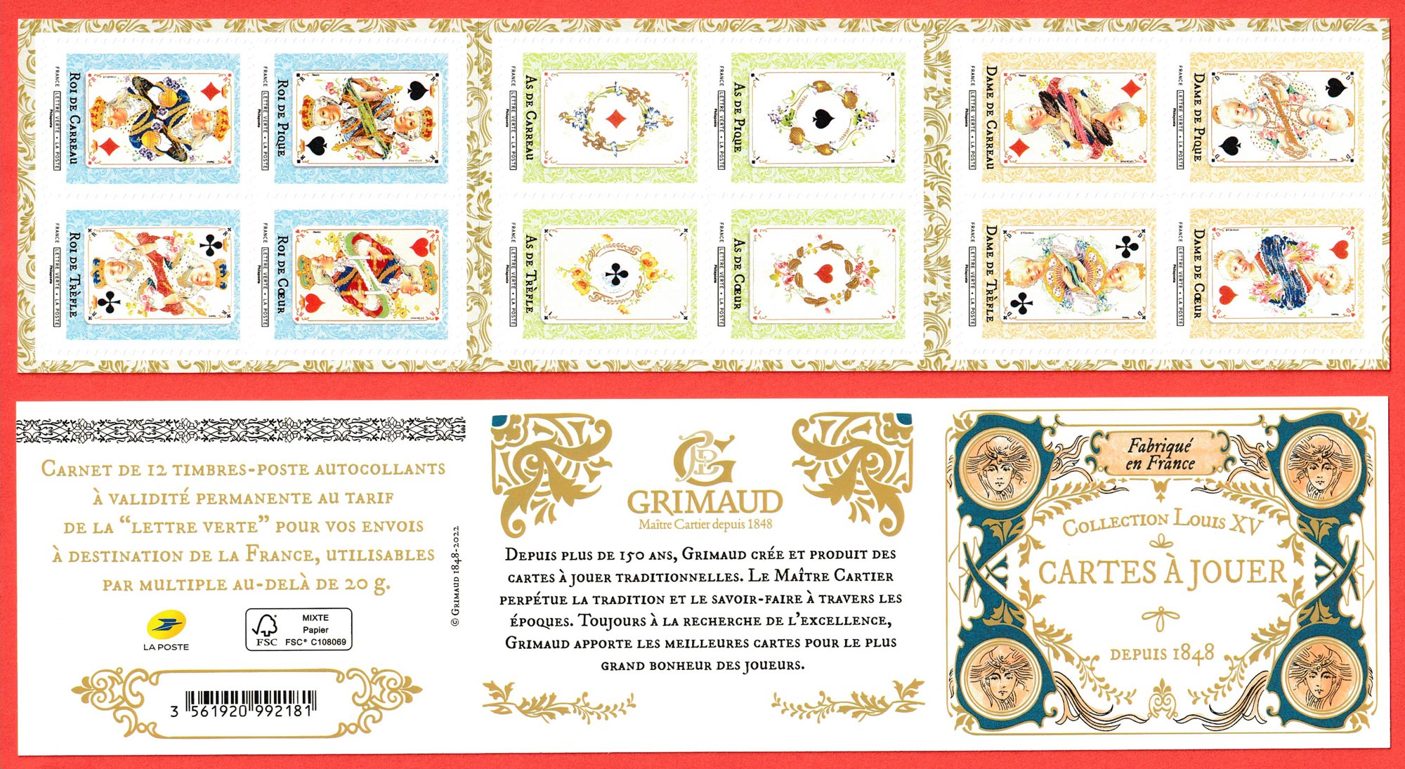 Carnet de 12 timbres - Collection Louis XV de cartes à jouer - Lettre Verte  - La Poste