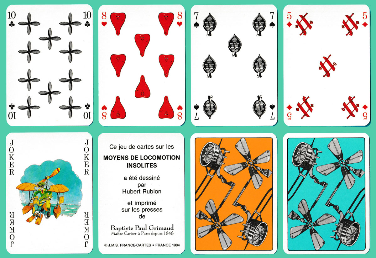 ‘Les Moyens de Locomotion Insolites’ playing cards made and published by France Cartes, France, 1984