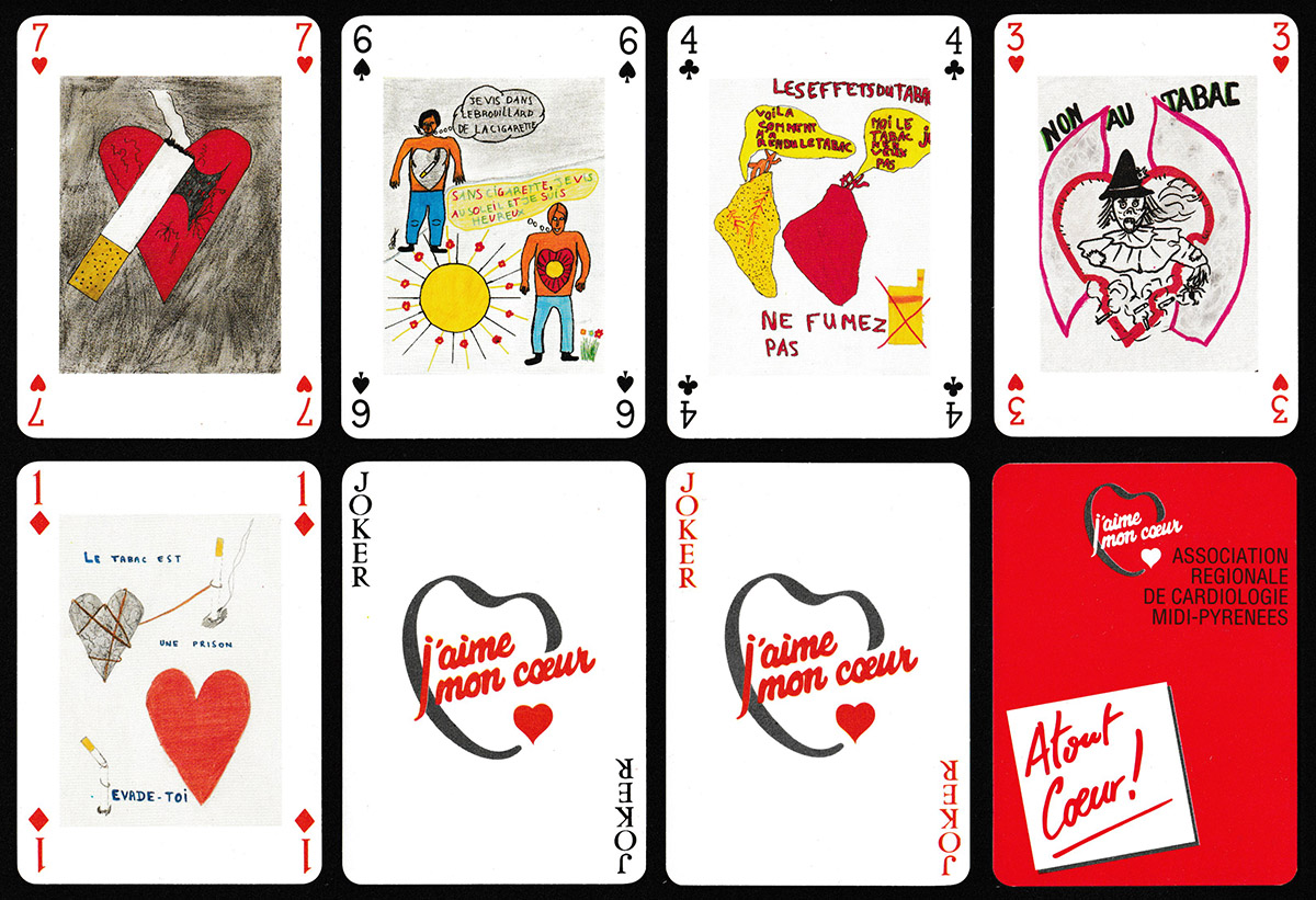 Atout Cœur! anti-smoking playing cards printed by Héron S.A., Mérignac, for the Association Régionale de Cardiologie Midi-Pyrénées, France, c1985