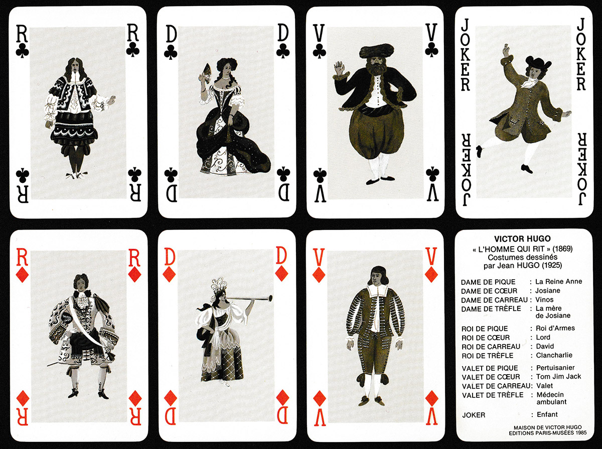 “L’homme qui rit” playing cards printed by France Cartes, Saint-Max, France. Published by Maison de Victor Hugo / Editions Paris-Musées, 1985