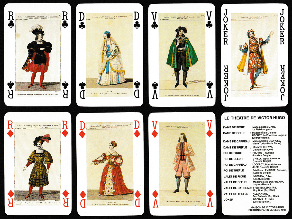 Victor Hugo Plays playing cards printed by France Cartes, Saint-Max, France. Published by Maison de Victor Hugo / Editions Paris-Musées, 1985