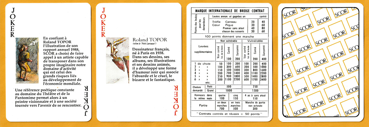 SCOR playing cards designed by Roland Topor, made by Héron S.A. for the SCOR reinsurance company, France, 1988