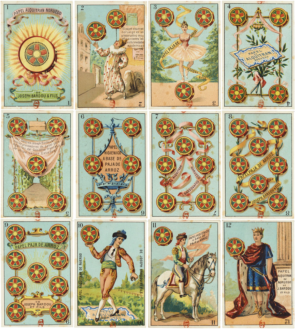 Spanish-suited advertising playing cards produced by Joseph Bardou & Fils (Perpignan) cigarette paper factory for Chofrè y Cia, Manila, Philippines. c.1880. Source gallica.bnf.fr / Bibliothèque nationale de France