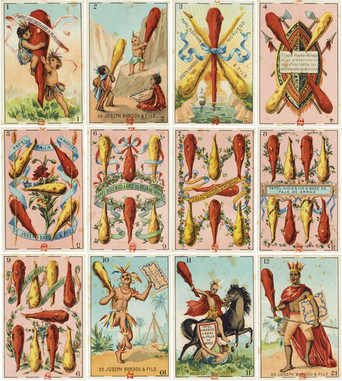 Spanish-suited advertising playing cards produced by Joseph Bardou & Fils (Perpignan) cigarette paper factory for Chofrè y Cia, Manila, Philippines. c.1880. Source gallica.bnf.fr / Bibliothèque nationale de France