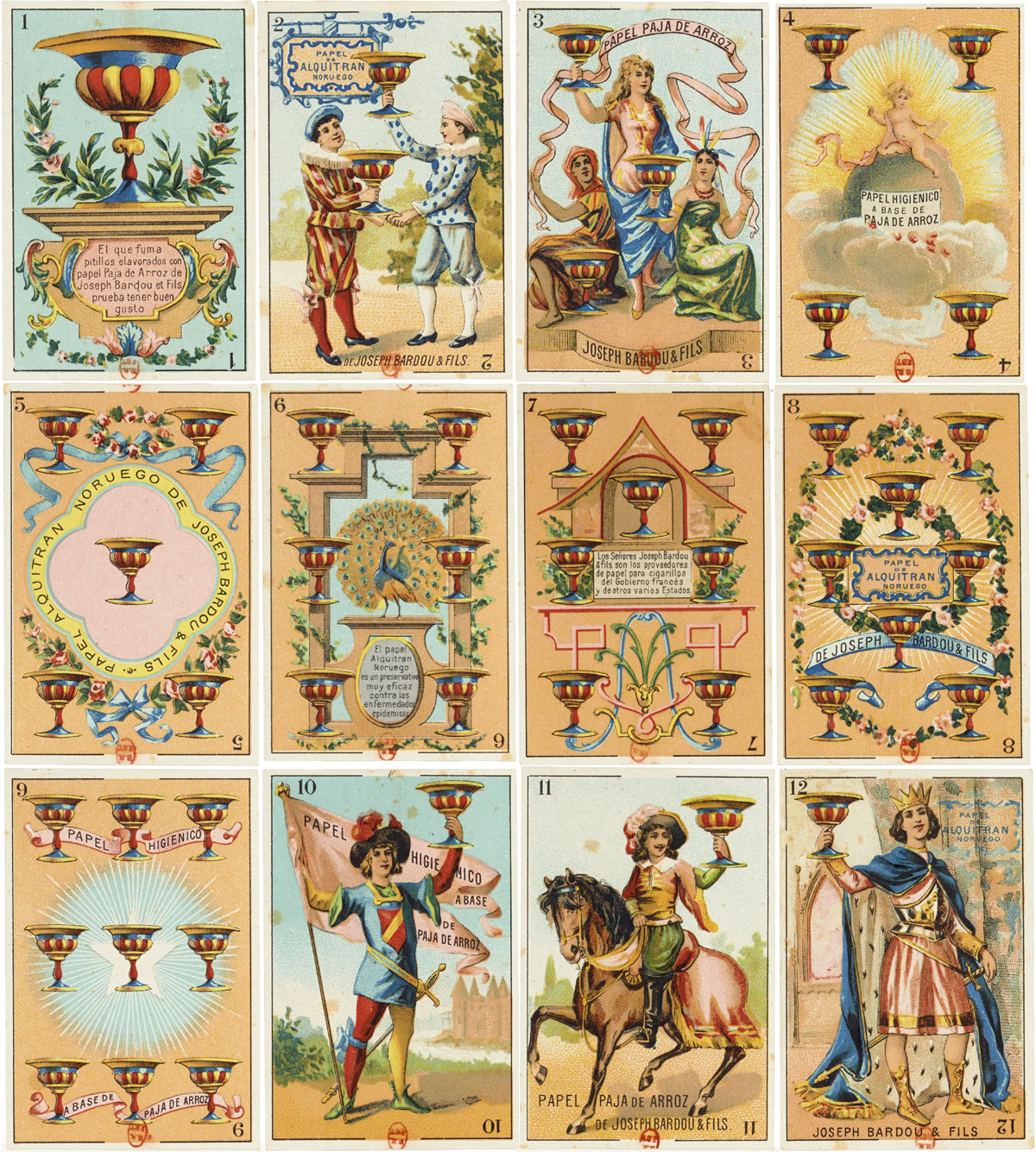 Spanish-suited advertising playing cards produced by Joseph Bardou & Fils (Perpignan) cigarette paper factory for Chofrè y Cia, Manila, Philippines, c.1880. Source gallica.bnf.fr / Bibliothèque nationale de France