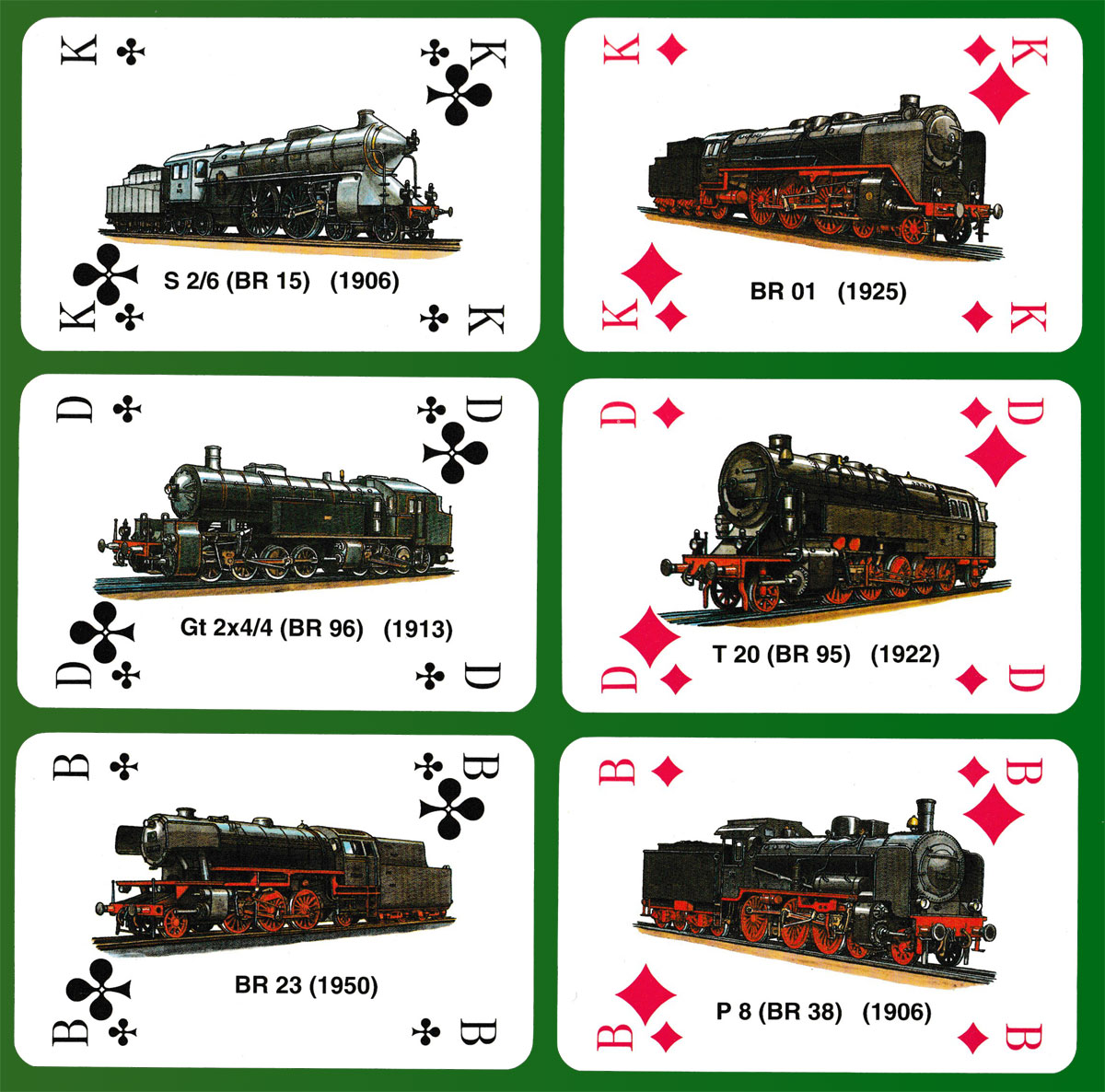 Deutsche Dampflokomotiven (steam locomotives) playing cards made by Altenburger Spielkartenfabrik GmbH, Altenburg, Germany, for Rupert Höll, Clausthal-Zellerfeld, Germany, 1994