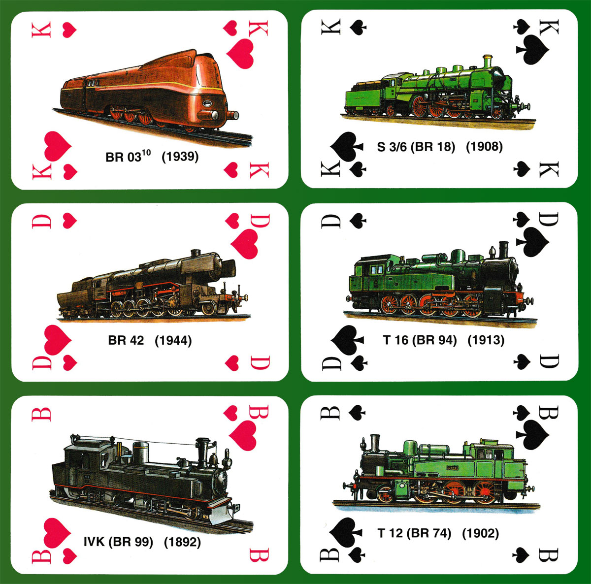 Deutsche Dampflokomotiven (steam locomotives) playing cards made by Altenburger Spielkartenfabrik GmbH, Altenburg, Germany, for Rupert Höll, Clausthal-Zellerfeld, Germany, 1994