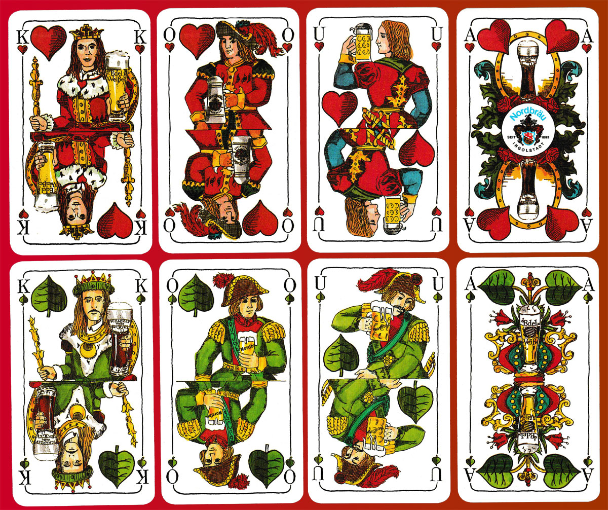 Nordbräu Ingolstadt publicity playing cards designed by Studio Mayerhofer. Made by Altenburger Spielkartenfabrik, Altenburg, Germany, 1989