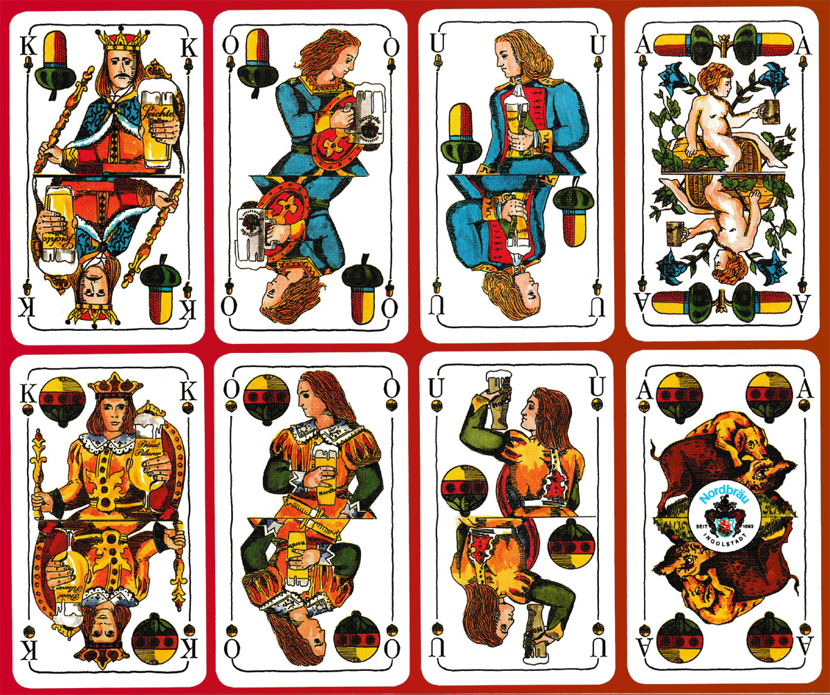 Nordbräu Ingolstadt publicity playing cards designed by Studio Mayerhofer. Made by Altenburger Spielkartenfabrik, Altenburg, Germany, 1989