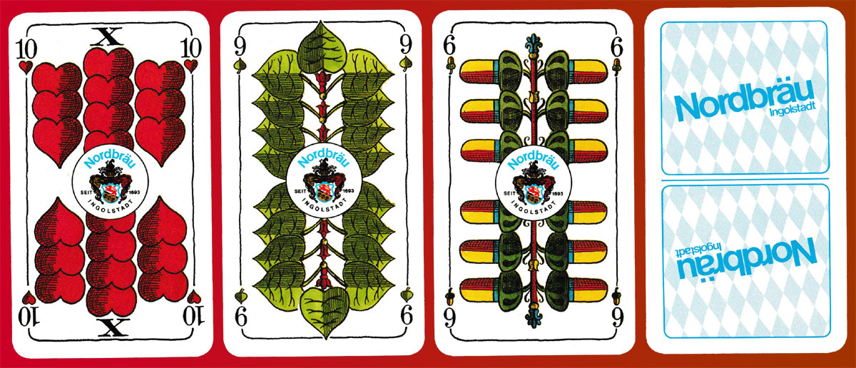 Nordbräu Ingolstadt publicity playing cards designed by Studio Mayerhofer. Made by Altenburger Spielkartenfabrik, Altenburg, Germany, 1989