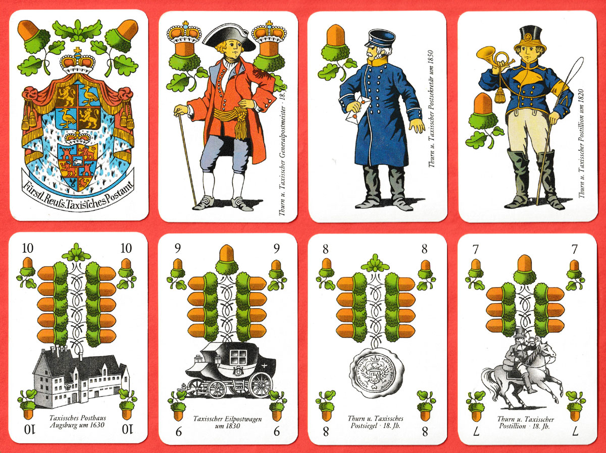 Postgeschichte playing cards designed by Volker Hartmann, printed and published by Altenburger Spielkartenfabrik, Altenburg, DDR, 1987