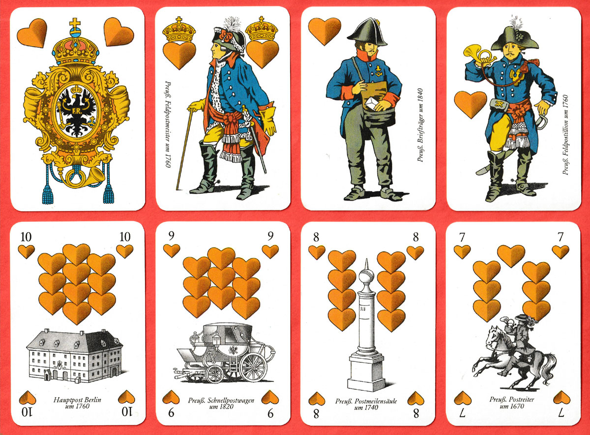 Postgeschichte playing cards designed by Volker Hartmann, printed and published by Altenburger Spielkartenfabrik, Altenburg, DDR, 1987