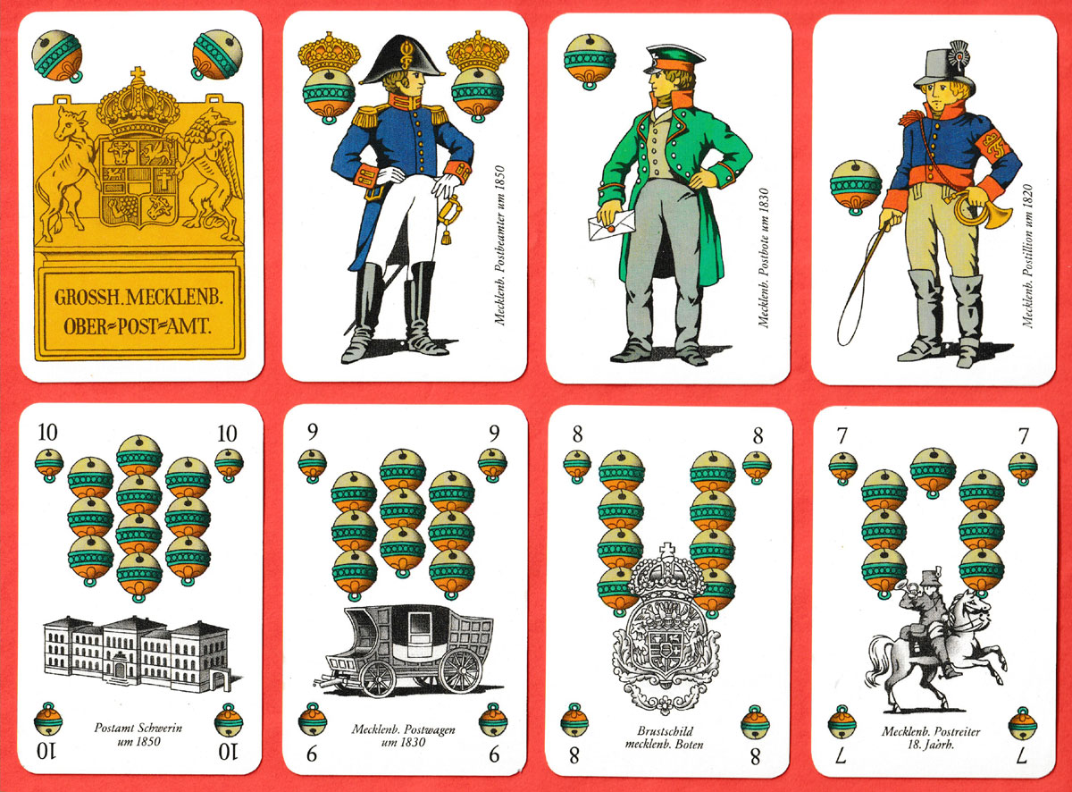 Postgeschichte playing cards designed by Volker Hartmann, printed and published by Altenburger Spielkartenfabrik, Altenburg, DDR, 1987