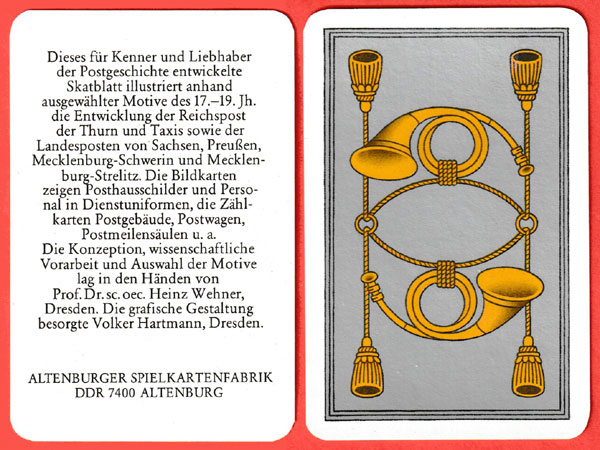 Postgeschichte playing cards designed by Volker Hartmann, printed and published by Altenburger Spielkartenfabrik, Altenburg, DDR, 1987