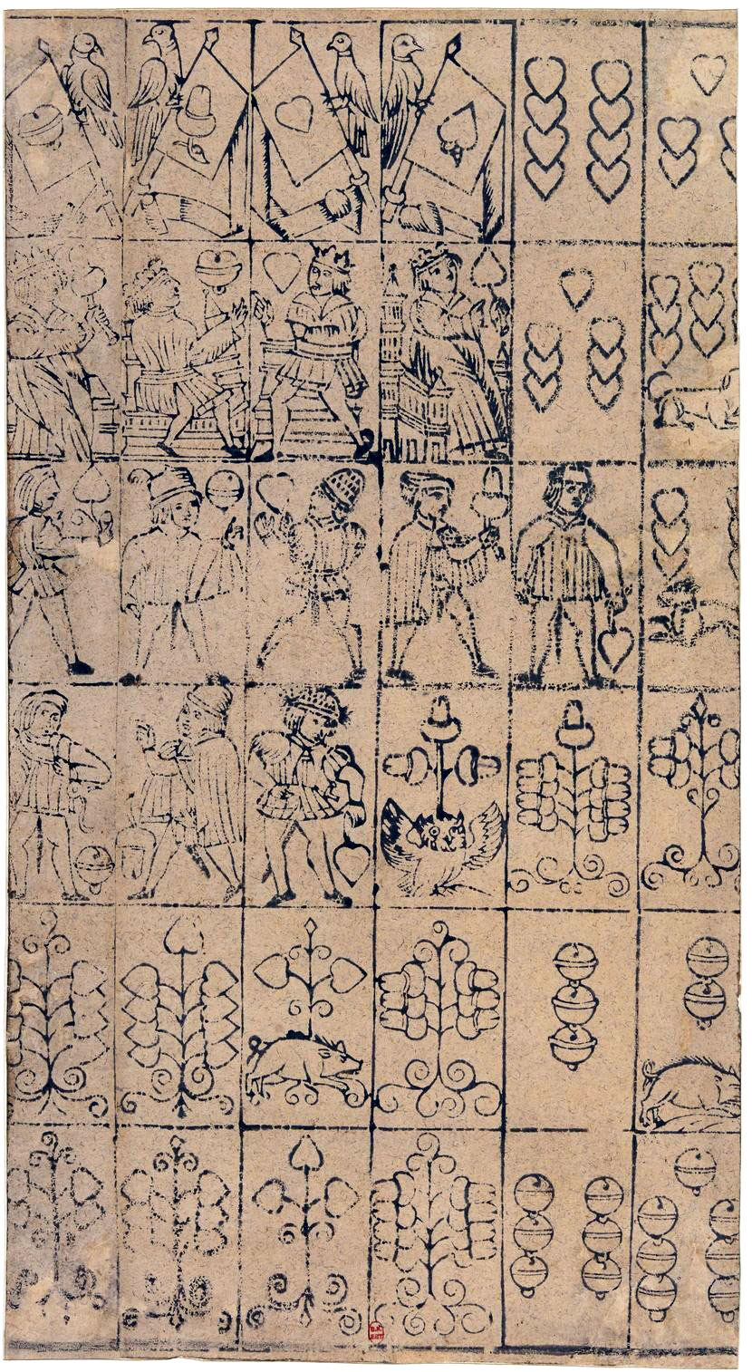 uncut sheet of early German-suited playing cards of rudimentary quality, c.1500. © The Trustees of the British Museum