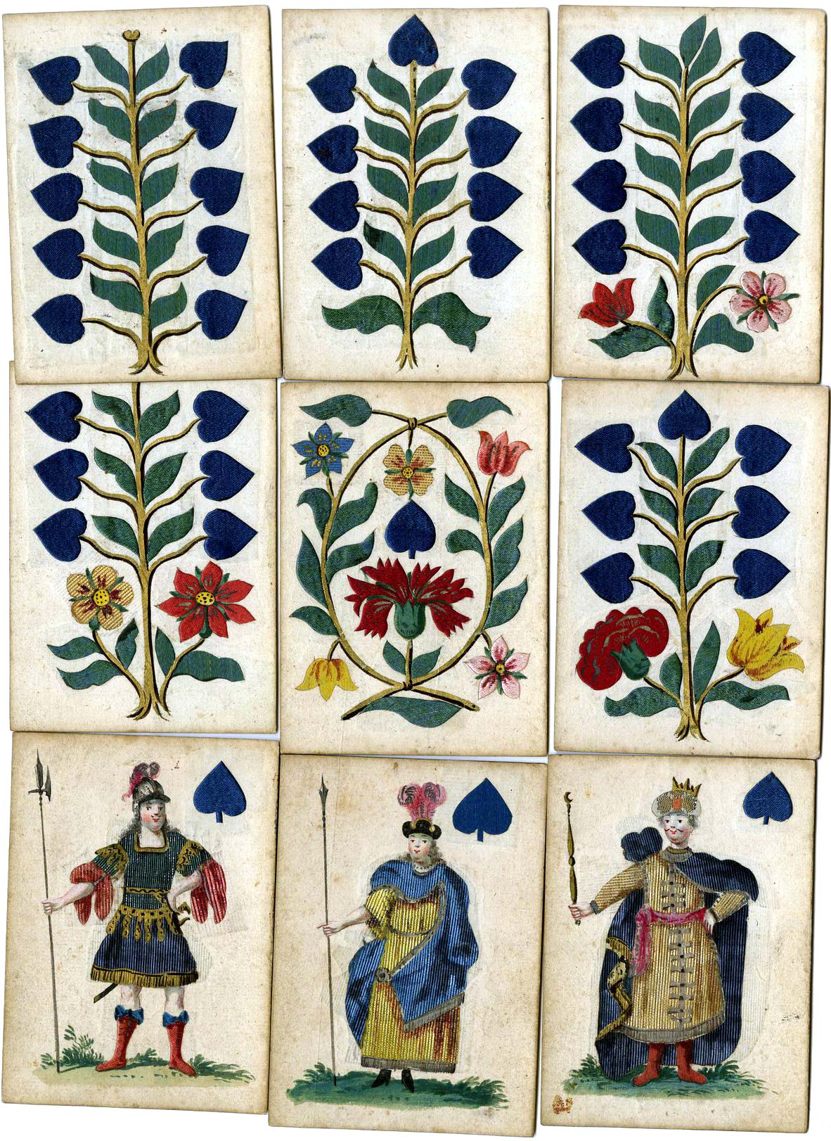 complete pack of 36 hand-painted and silk-inlaid playing cards with French suits made in Germany, 17th C. © The Trustees of the British Museum