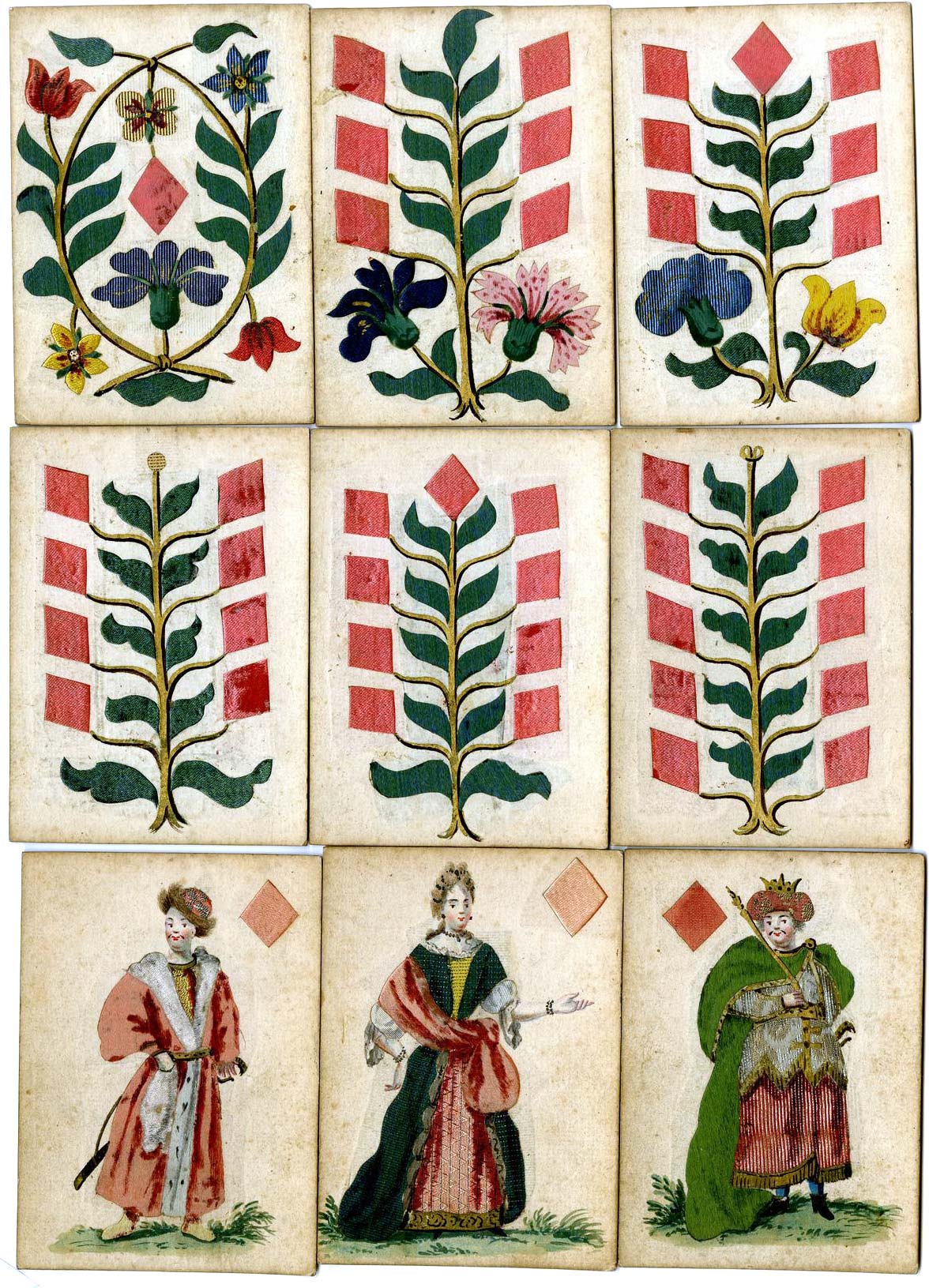 complete pack of 36 hand-painted and silk-inlaid playing cards with French suits made in Germany, 17th C. © The Trustees of the British Museum