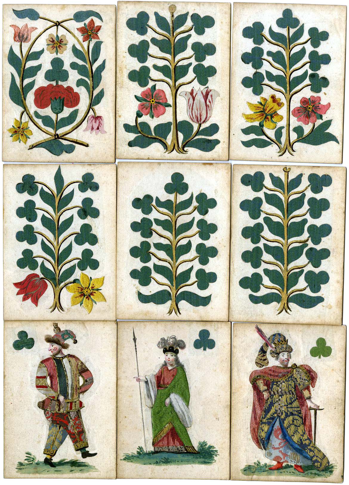 complete pack of 36 hand-painted and silk-inlaid playing cards with French suits made in Germany, 17th C. © The Trustees of the British Museum