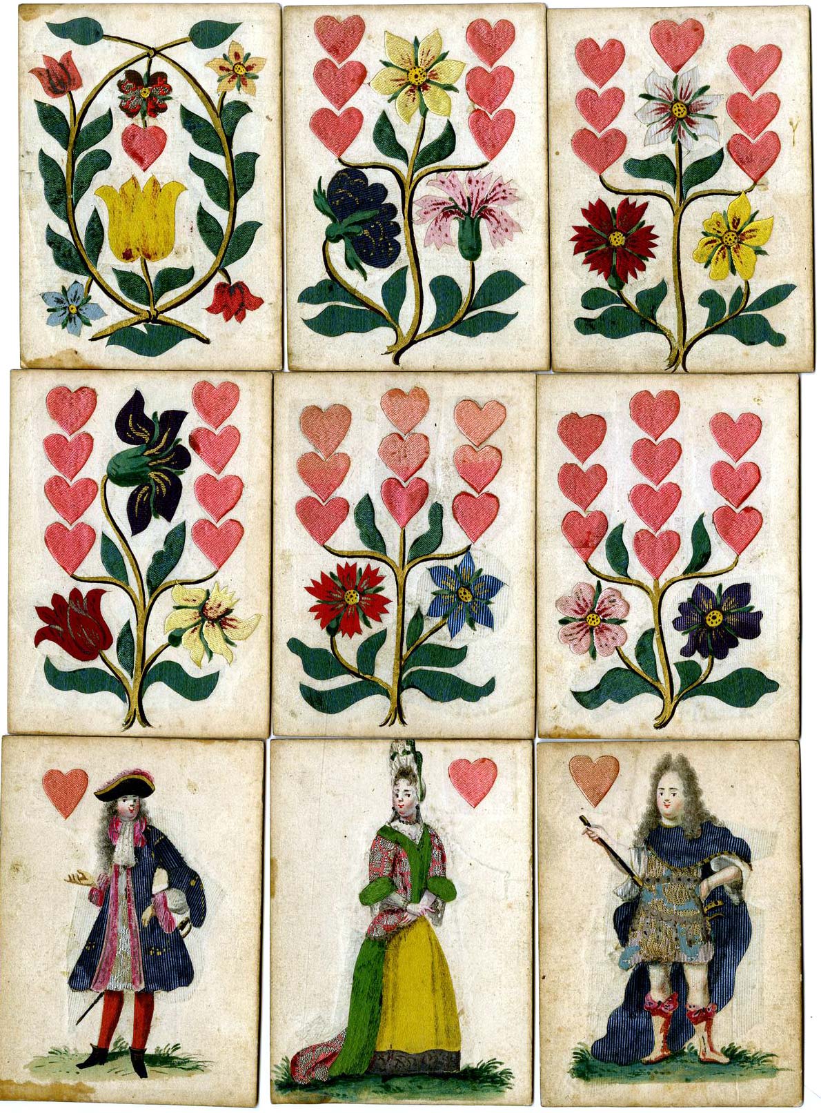 complete pack of 36 hand-painted and silk-inlaid playing cards with French suits made in Germany, 17th C. © The Trustees of the British Museum