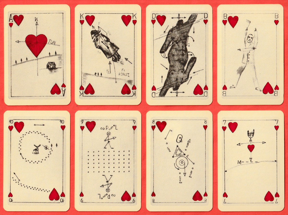 escART skat deck illustrated with etchings by Johannes Vennekamp, made by Berliner Spielkartenfabrik GmbH & Co., Darmstadt, for Galerie Steinrötter, Münster, Germany, 1978