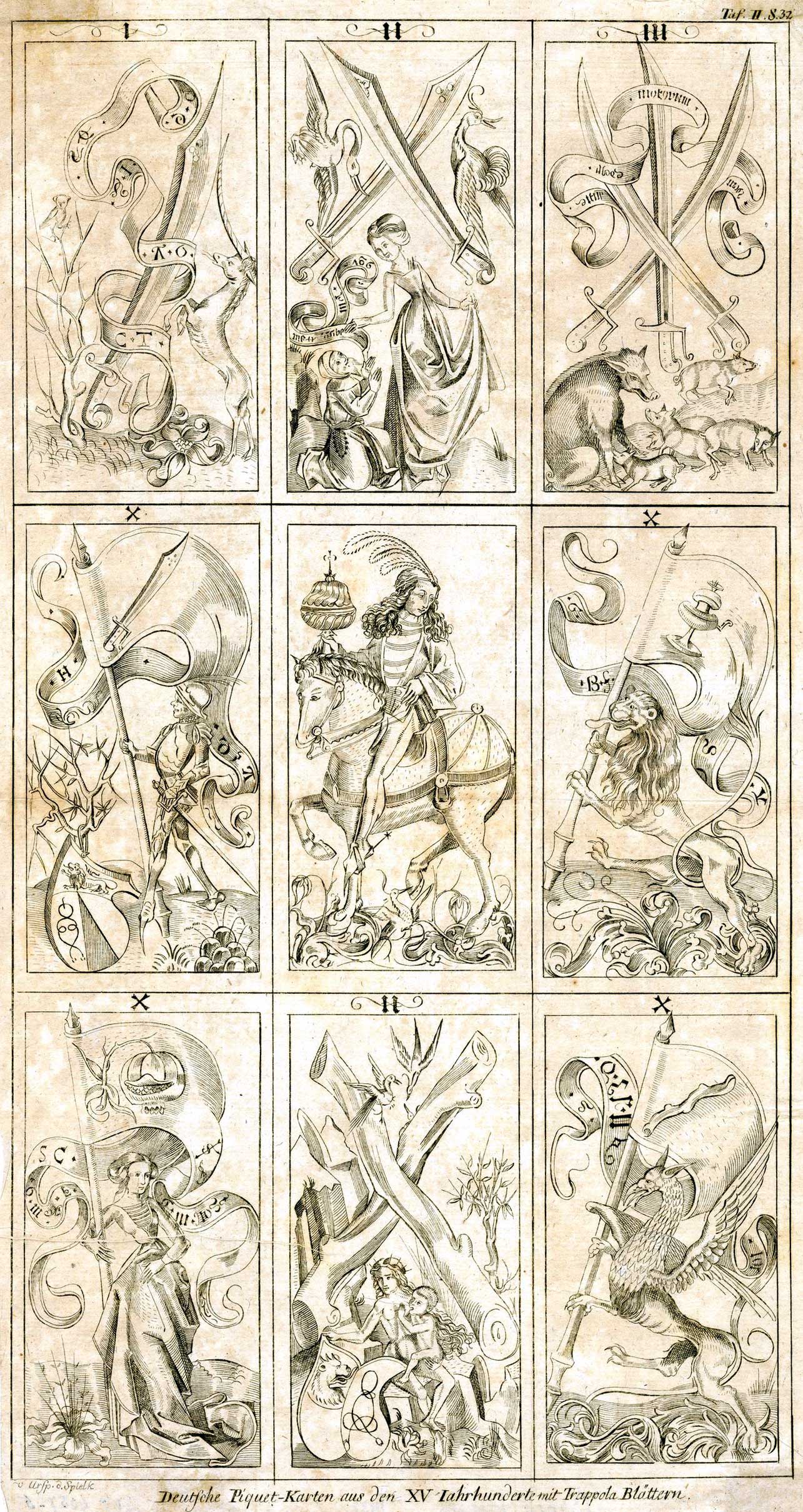 Nine cards from the pack by the South German Engraver  published in Johann Gottlieb Immanuel Breitkopf’s “Ursprung der Spielkarten”, 1784. © The Trustees of the British Museum