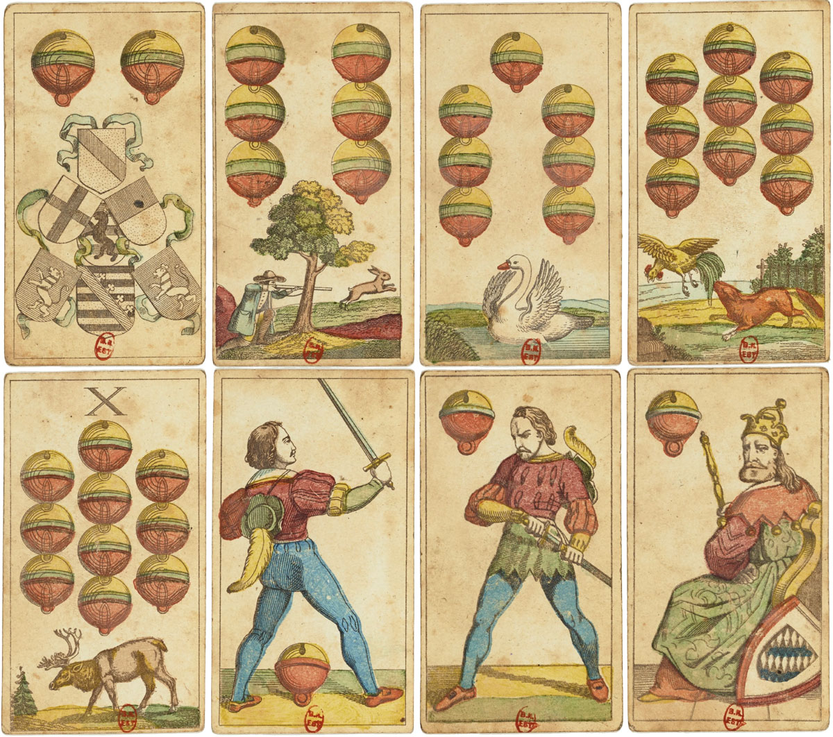 early Bavarian-style deck by Johann Conrad Jegel, Nürnberg, Germany , c.1835