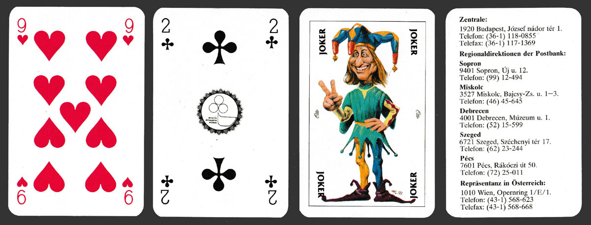 Postabank 3 promotional playing cards made by Offset- és Játékkártya Nyomda, Budapest, Hungary, c1991