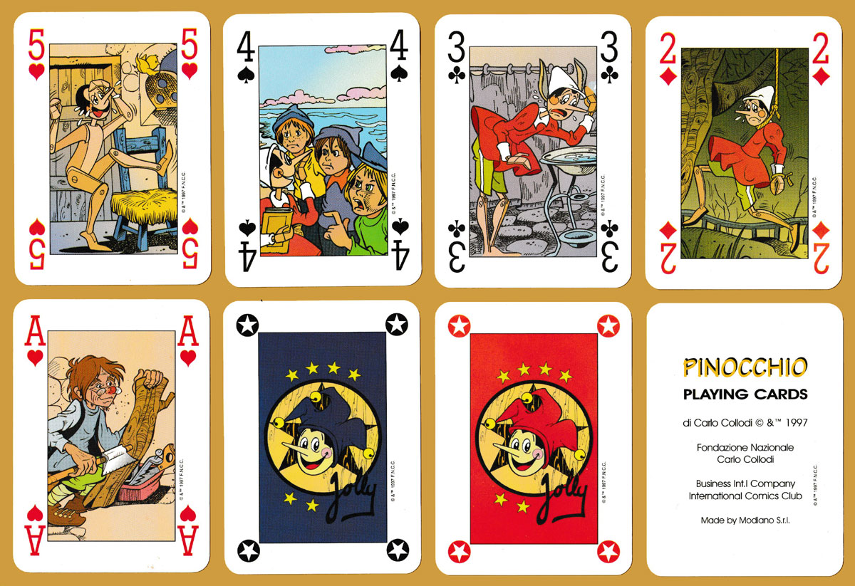 Pinocchio playing cards made by Modiano S.r.l., Trieste, for International Comics Club, Genoa, Italy, 1997