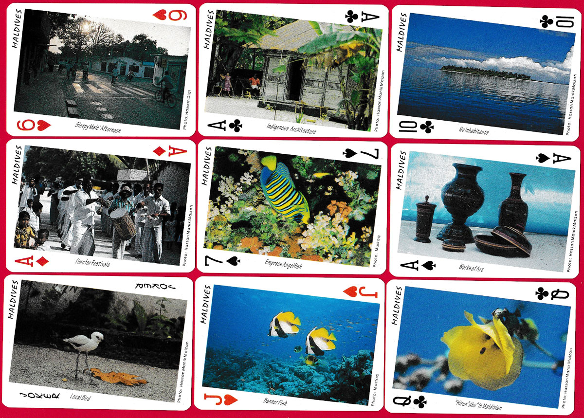 Maldives pictorial souvenir playing cards produced by Fantasy, of Malé, Maldives, 1993