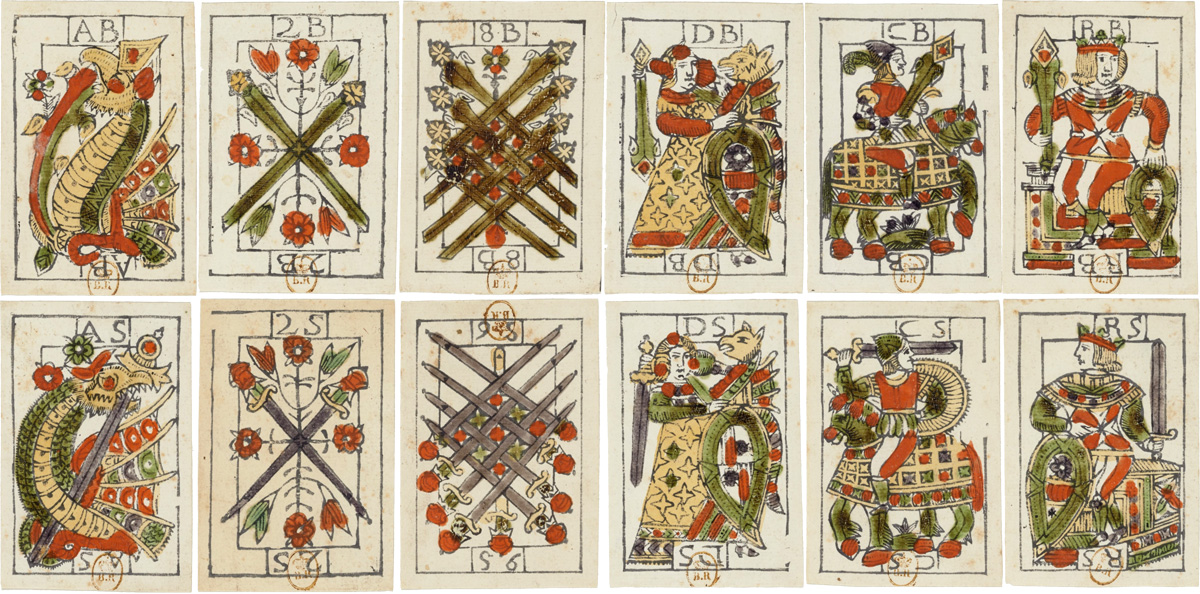 Portuguese-suited cards by A. Infirrera with the arms of Malta, 1693. Source gallica.bnf.fr / BnF