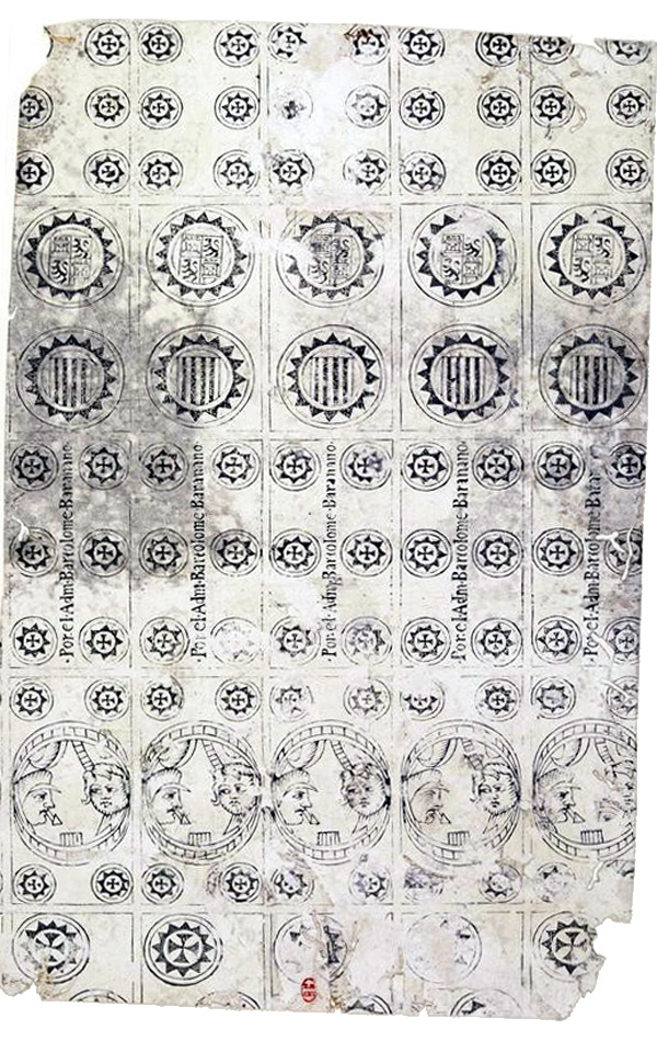 proof sheet of archaic Spanish-suited playing cards published for Spain or Peru, 1684. Source gallica.bnf.fr